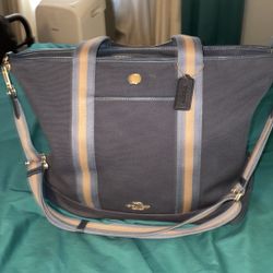 Coach Blue & Khaki Canvas XL Tote Like New