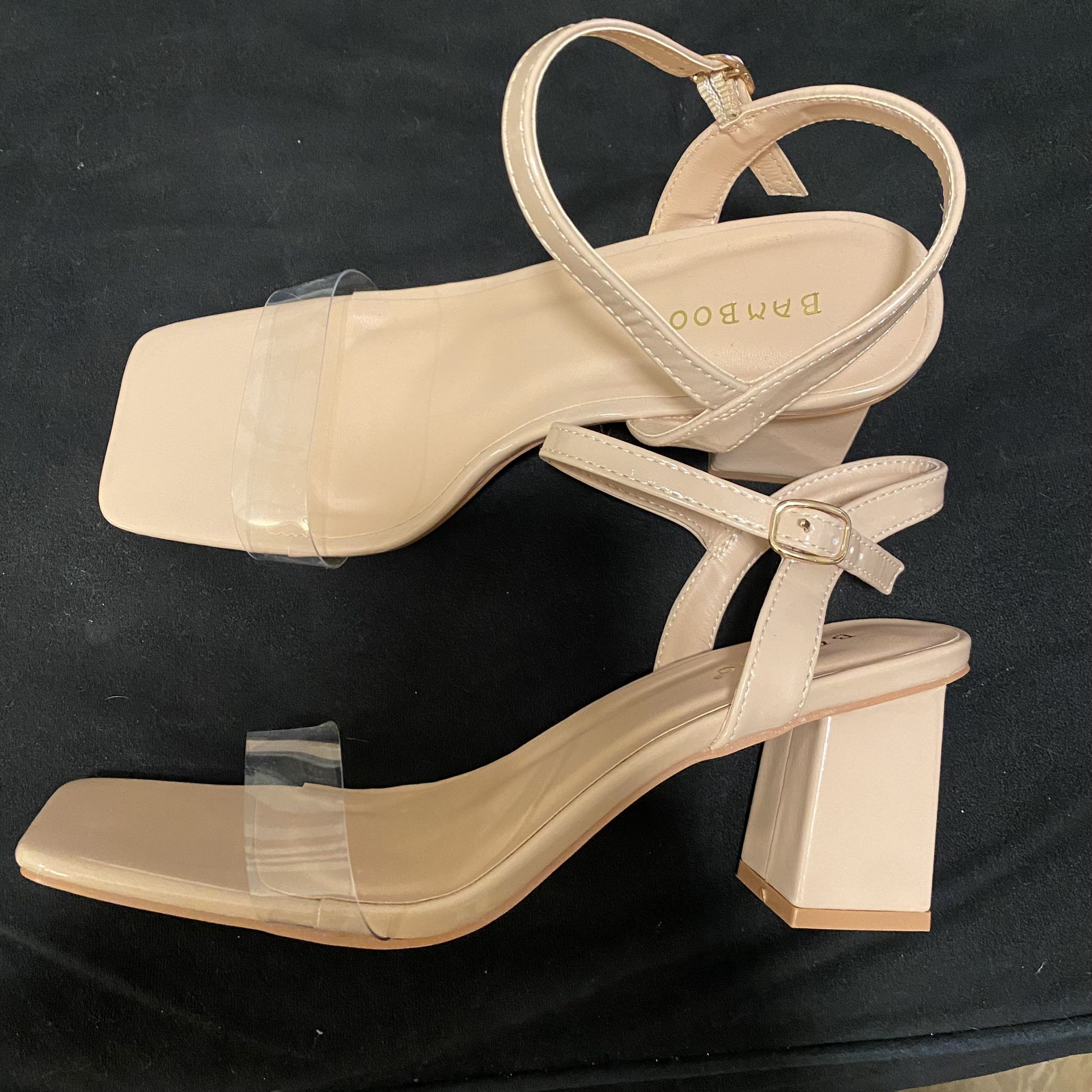 Square toe clear strap heels