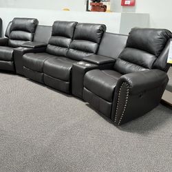 New 4 Reclining Sectional.  Brown Or Black Leather.  138” X 37”.  Free Delivery !