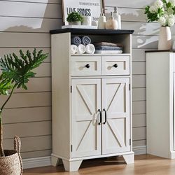 Bathroom Floor Cabinet, Farmhouse 24" Wide Cabinet with Drawer, Adjustable Shelf, Barn Doors, Cabinets for Bathroom, Kitchen, Living Room, Off White