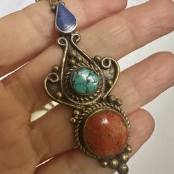 Turquoise, Lapis Lazuli & Orange Coral  Tibetan  brass pendant necklace