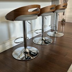 Set of 3 Counter Bar Stools - Swivel Height Adjusting 24”-33” Seat Wood Grey Chrome
