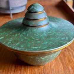 Vintage Danish Carl Sorensen bronze covered bowl featuring a distinct green mottled verdigris patina Online for between