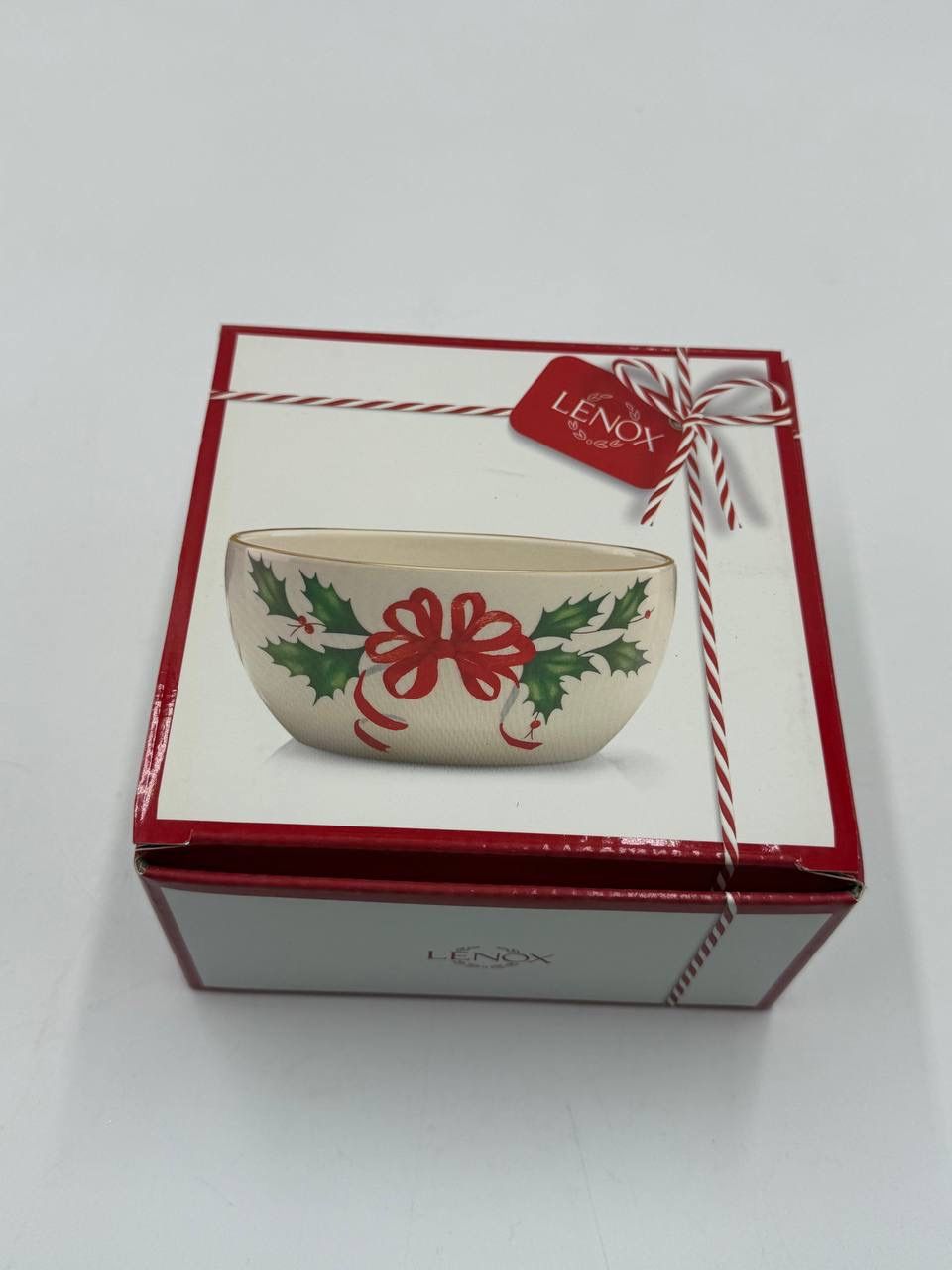 Lenox Holiday 8 in Serving Bowl Holly Red Ribbon Gold Trim NIB (contact info removed) NIB
