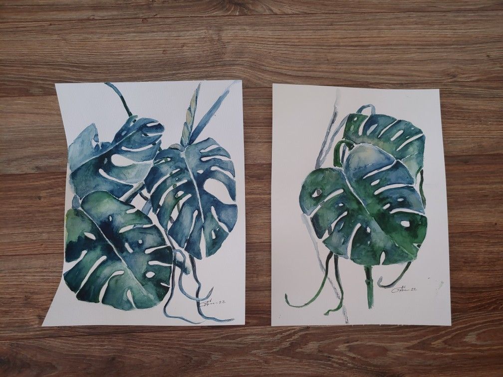 ''Tropical Leaf ''Watercolor Painting, Set of 2,size 11x15 each