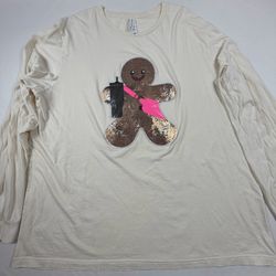 3XL Cream Long Sleeve Shirt with Sequin Gingerbread Man