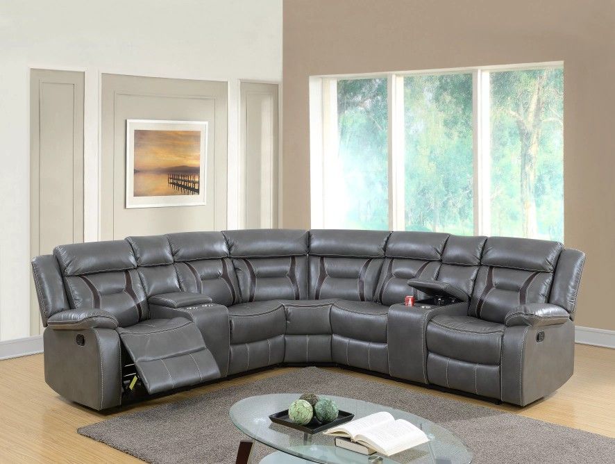 Brand New Grey Leather Reclining Sectional Sofa