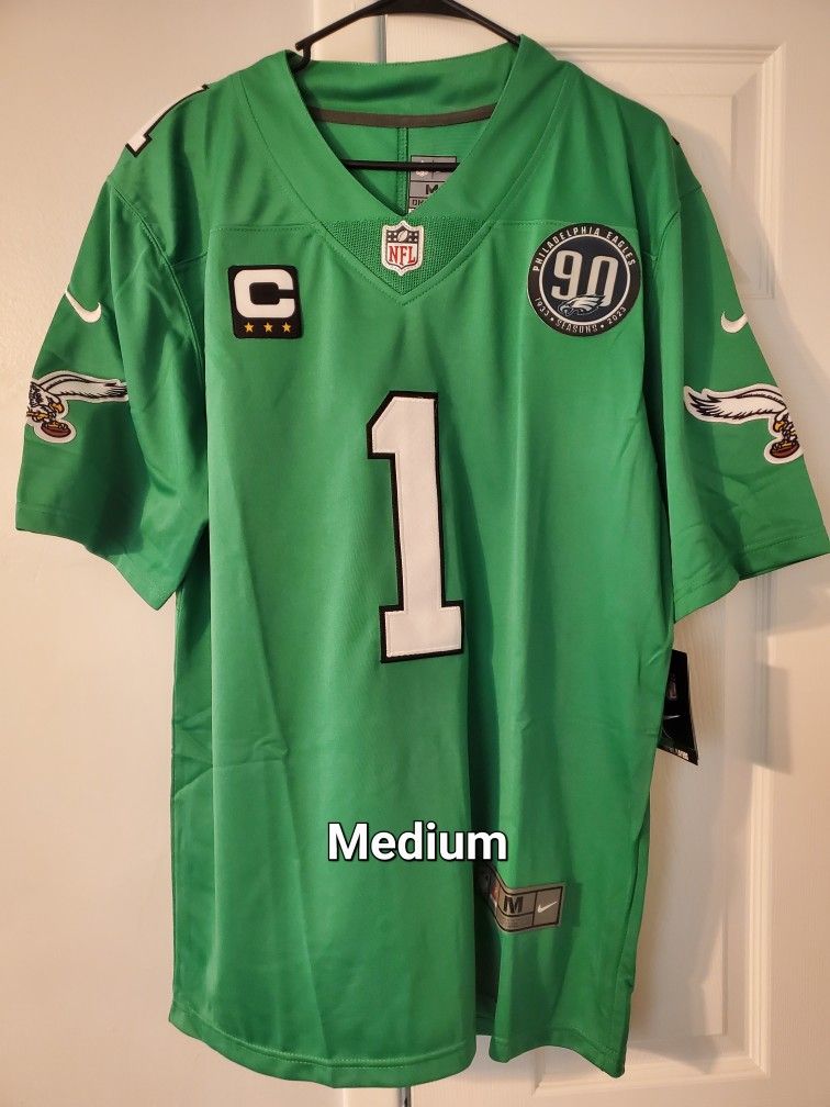 Philadelphia Eagles Jalen Hurts Kelly Green Jersey with Captain's and 90th Anniversary Patch Size Medium