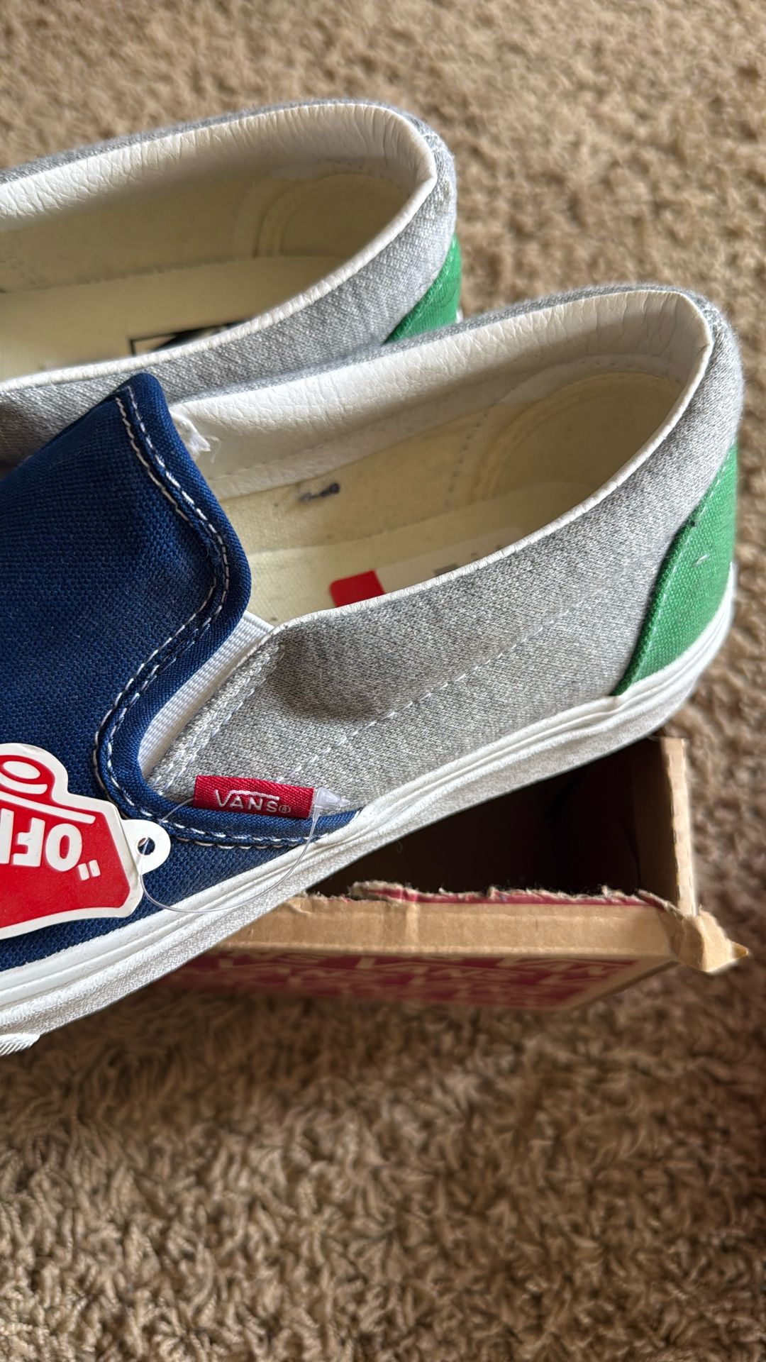 blue grey & green slip on vans men’s 9 and women 10.5