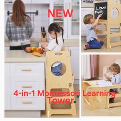 Lora Dew 4-in-1 Montessori Learning Tower with Chalkboard and Safety Rail, Kitchen Helper Stool for Toddlers Folding Step Stools for Kids 1-6years Chi