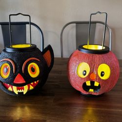 Illuminations Halloween Decorations - glittery, grinning jack-o’-lantern and vampire candleholders