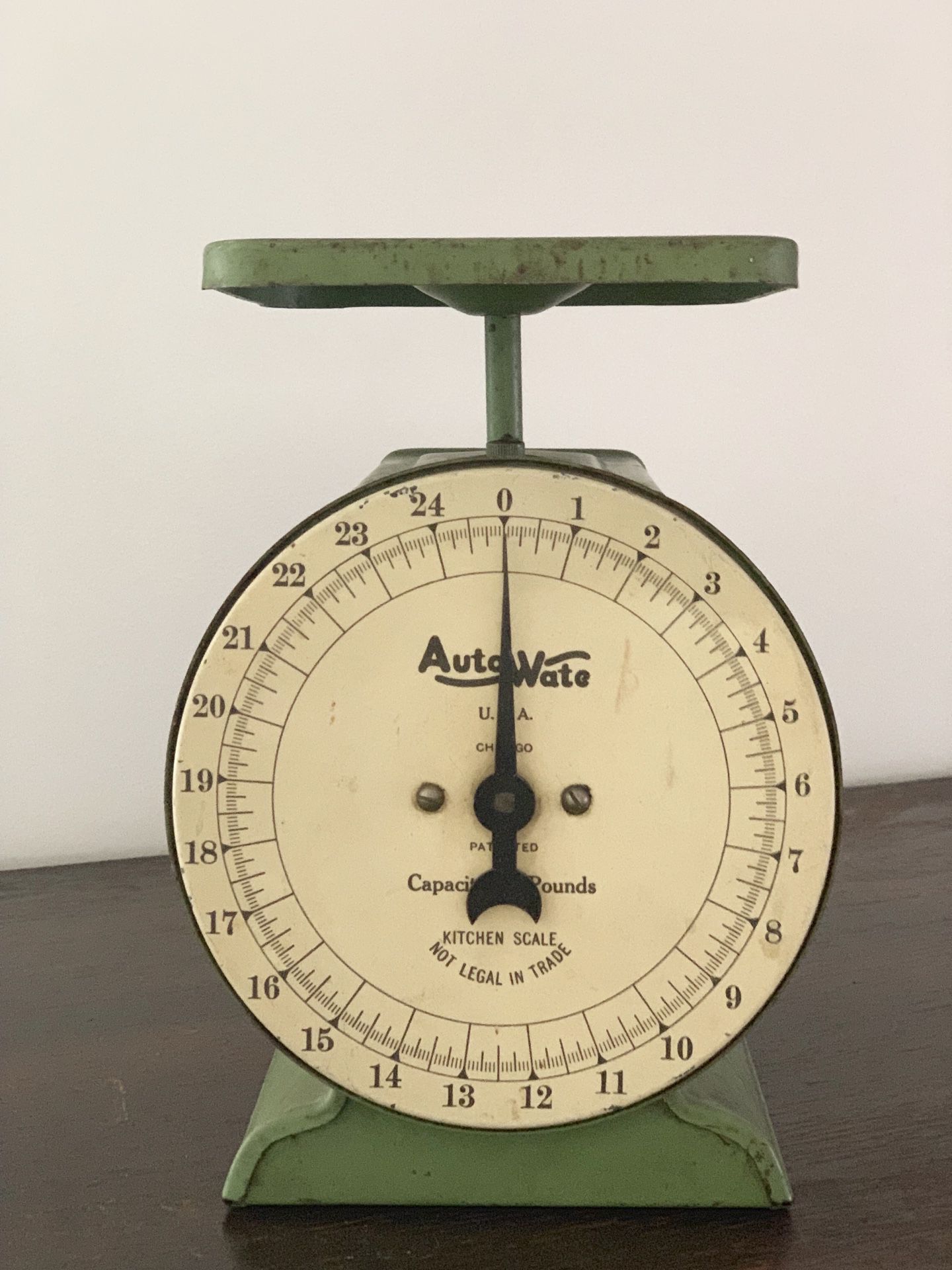 Set Of Green Kitchen Scales With Red Arrow Pointing To 150 Stock