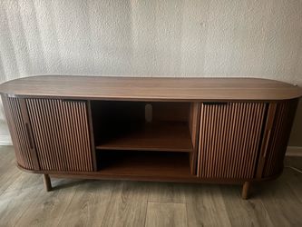 Mid-Century Modern Wood TV Stand with Sliding Doors