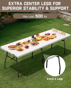 Outdoor 8ft Folding Table with Six Legs, 500 LBS Heavy Duty Plastic Fold-in-Half Table, Foldable Table w/Handle for Indoor Outdoor Party Wedding Offic