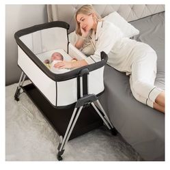 Crib Baby Bassinet bed frame Sleeper with Wheels and Storage kids toy cabinet drawer Mesh Bedside