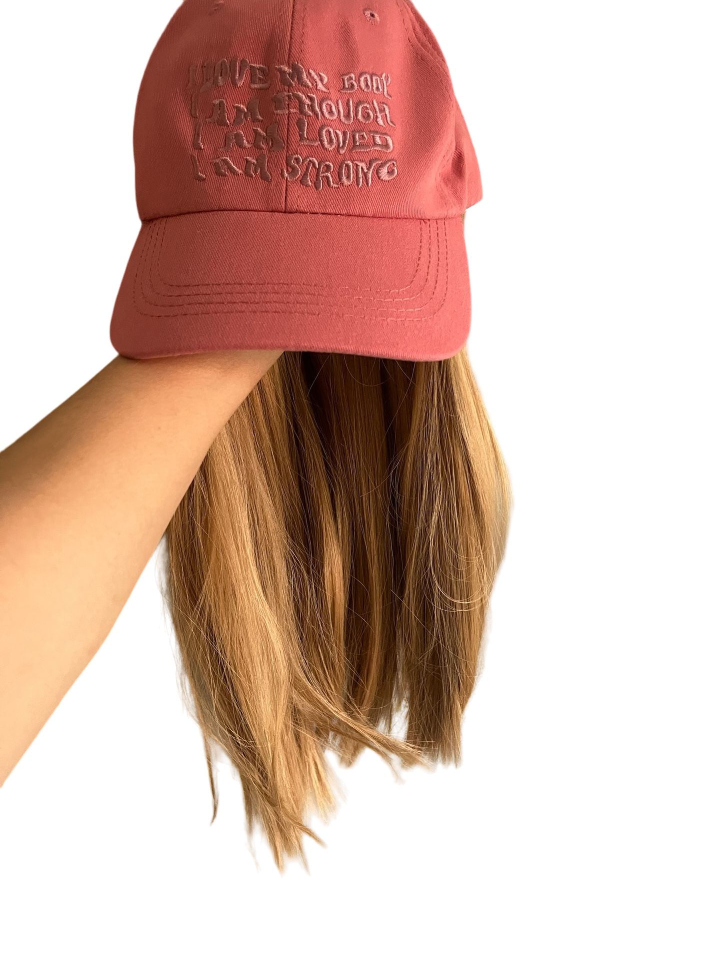 Pink baseball hat wig