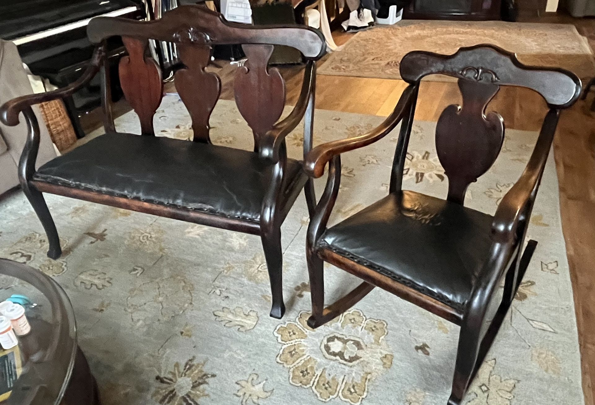Antique Victorian-style Matching Solid Hardwood Black Leather Settee and Rocking Chair