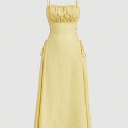 Shein Women Yellow Ruched Lace Up Cottage Midi Dress