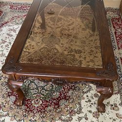 Hand Carved Wood Frame Glass Table