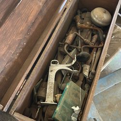 Big old tool box full of old tools and misc E-Z-Shine