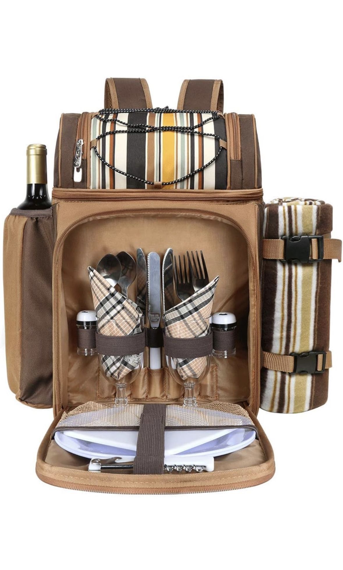 Hap Tim Picnic Basket Backpack for 2 Person with 2 Insulated Cooler Compartment, Wine Holder, Fleece Blanket, Cutlery Set