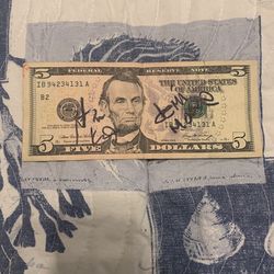 Debbie Moore And Ashton Kutcher autograph five dollar bill