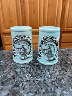 Vintage  Souvenir San Francisco China Town Pair of Salt & Pepper Shaker Set.  Made of Ceramic.  With plastic stoppers .  On the bottom sticker says Ja