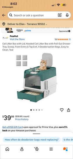Cat Litter Box with Lid, Hooded Cat Litter Box with Pull-Out Drawer Tray, Scoop, Front Entry & Top Exit, 4 Deodorization Bags, Easy to Clean, Teal