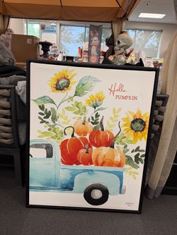 Hello Pumpkin Autumn Truck Wall Art, Black Floater Frame