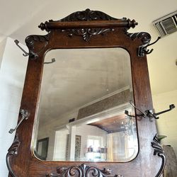 Antique Carved Wood Hall Tree Bench w/ Mirror & Storage