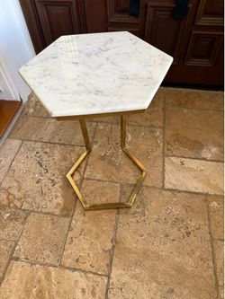Auburn White Marble and Gold Metal Hexagon Side Table