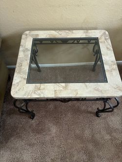 Stone Top Glass Insert Wrought Iron End Table