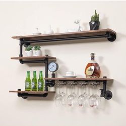 Industrial Pipe Shelves Wine Rack Wall Mounted with 4 Stem Glass Holder,Bar Shelves 39in Metal Hanging Wine Rack, Rustic Floating Pipe Shelf, Living R