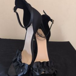 Delicious Black Ankle Strap Ruffle High Heels - Size 8
