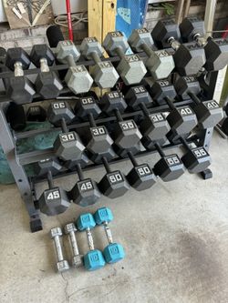 Twelve pair Of Hex Dumbbell Weights With Rack/5,10,12,15,20,25,30,35,40,45,50,55 LBS= 684 LBS