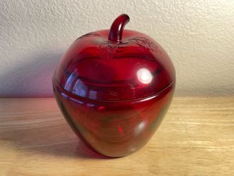 Vintage Ruby Red Glass Apple Cookie Candy Jar Canister Anchor Hocking