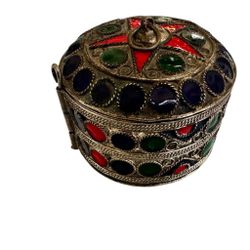 Vintage Berber Kabyle Jewelry Box - Handcrafted Enamel & Nickel Silver Treasure 