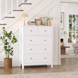 White Dresser with 5 Drawers, Chest of Drawers, 5 Drawers Dresser 29"W Modern Wood Dresser with Practical 2 Size Drawers, Space-Saving Vertical Storag