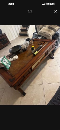 Wood Coffee Table with Leather Top and Drawers