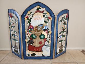 Vintage Heavy Metal Handmade And Painted Holiday Santa Screen,  4' X 3'