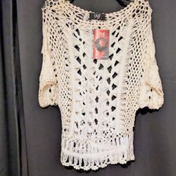 Top Cream Crochet Knit Top Home Spun Fabric Made By NF Size Free 190% Cotton