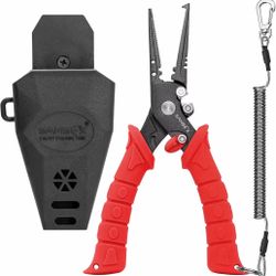 SAMSFX 7.5 in. Fishing Pliers, Stainless Steel Red Handle, Split Ring Nose, Tungsten Carbide Cutters