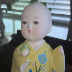 Antique Japanese Bisque Hakata Doll: Boy w/ Bird