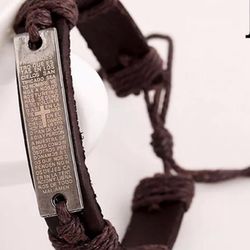 Men Boy Brown Leather Silver Cross Wrap Adjustable Bracelet