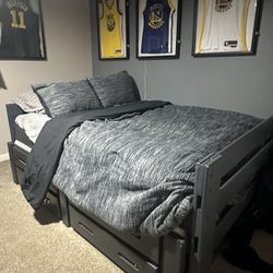 Gray Wooden Full Bed w/ Twin Trundle And Storage 