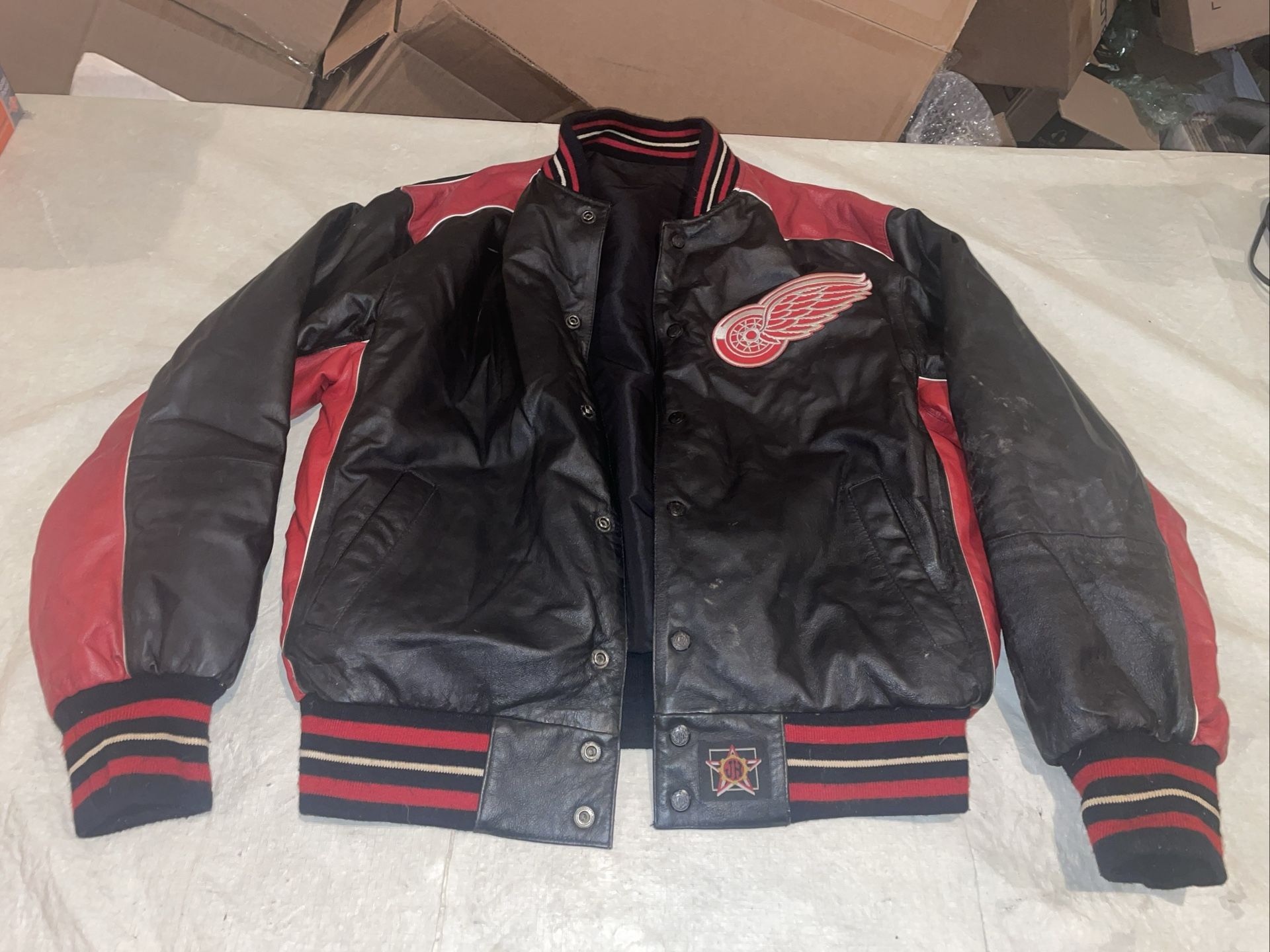 JH Reversible Detroit Red Wings Black Leather Jacket Jeff Hamilton Mens Large