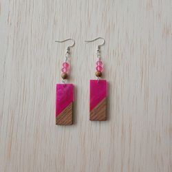 Dangle Wood Resin and Glass Bead Earring Set
