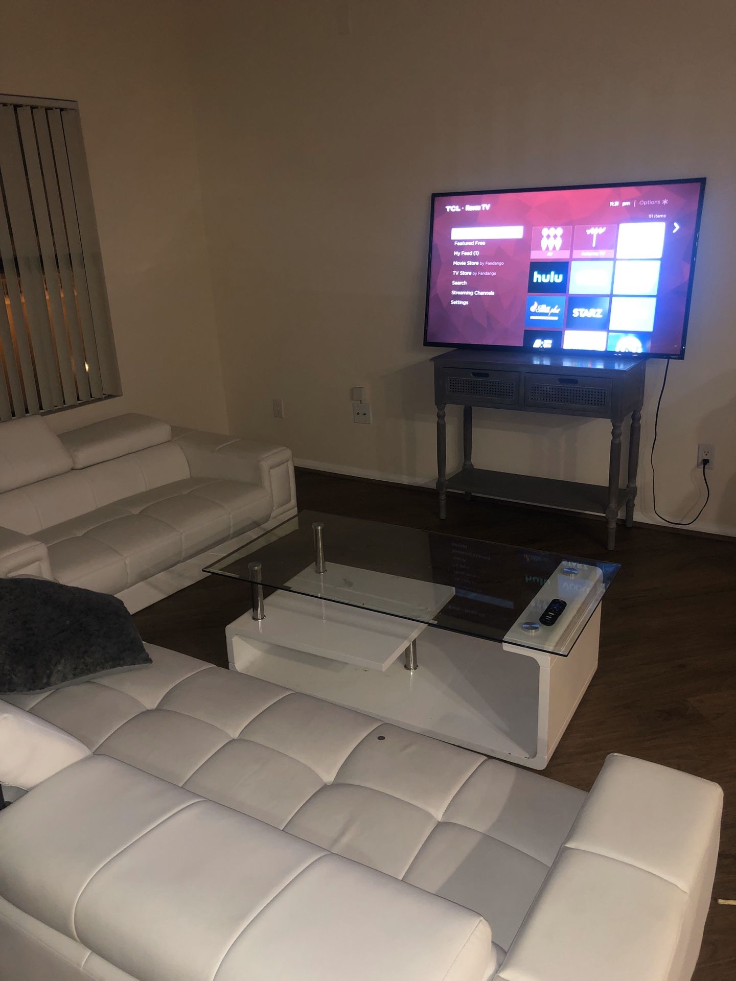 Sofa love, seat, glass coffee table , nightstand, two TVs bundle