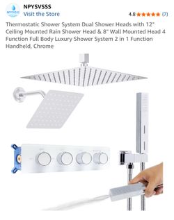 Thermostatic Shower System Dual Shower 12” & 8” shower head Full Body Luxury Shower System Chrome