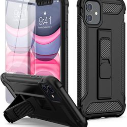 Designed for iPhone 11 Case, with[2 x Tempered Glass Screen Protector][Built-in Kickstand] Full Body Shockproof Protective Silicone TPU Bumper+Hard PC
